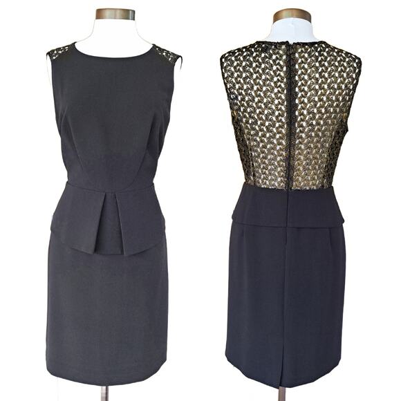 Tahari Black Sleeveless Peplum Sheath Dress Gold Lace Back Size 12 Office Party - Picture 1 of 11